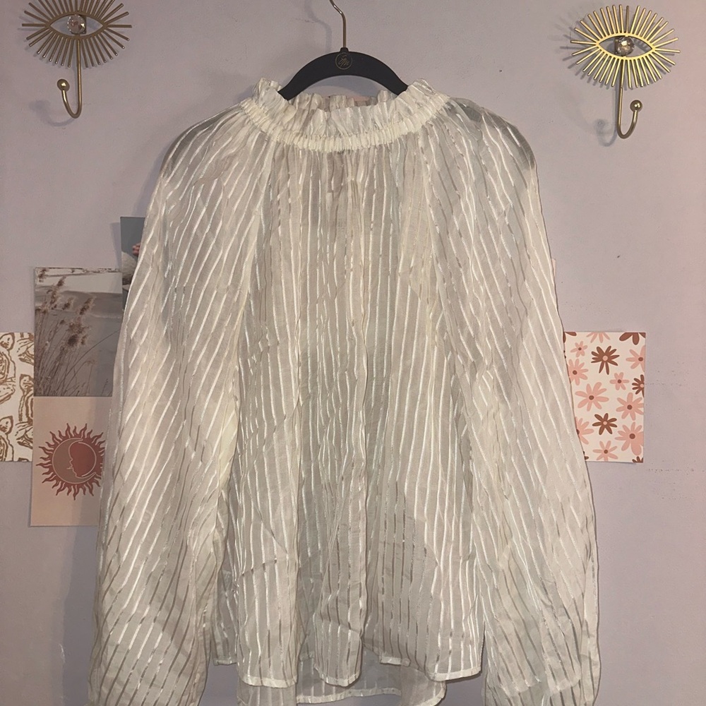 Ann Taylor Ruffle Neck Balloon Sleeve Stripe Blouse NWT - Picture 5 of 9